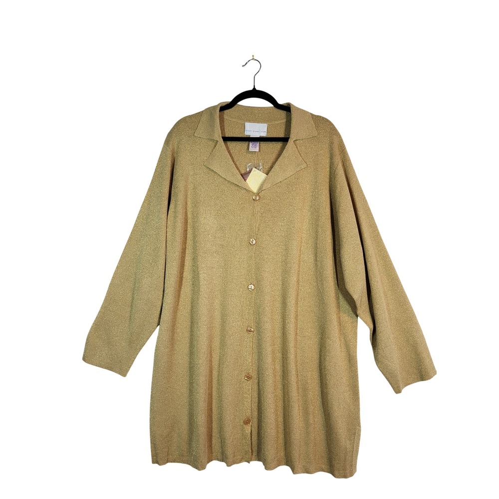 Susan Graver Cardigan Women 3X Gold Metallic Knit Button Front Longline Shimmer